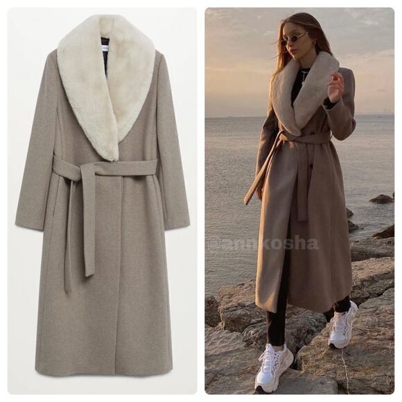 Mango 53% Wool Blend Coat Removable Collar - Picture 2 of 7